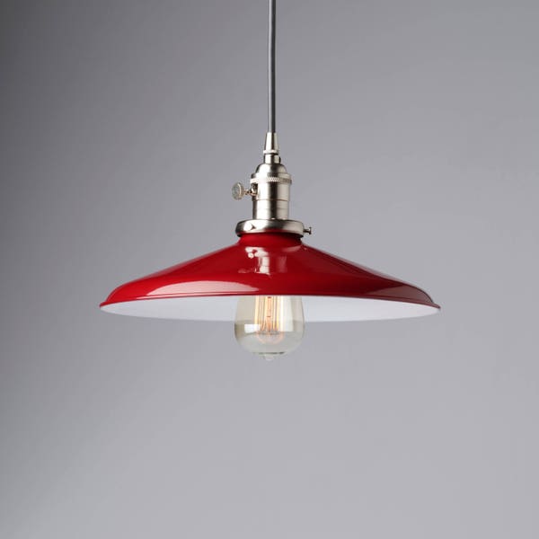 Pendant Light Fixture Red 14” Metal Porcelain Enamel Vintage Industrial Light Fixture
