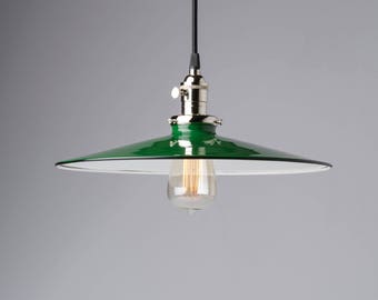 14" Green Flat Metal Porcelain Enamel Vintage Industrial Pendant light fixture