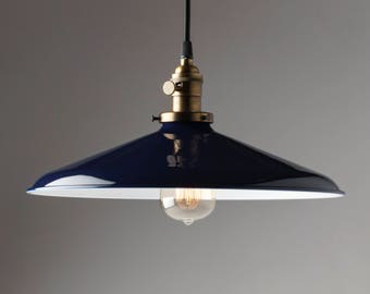 Large 14" Metal Porcelain Enamel Pendant Light Fixture Blue