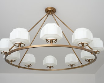 Foyer Chandelier - Brass Lighting - Grand Entry - Art Deco Shades - Large Classic Kitchen Light