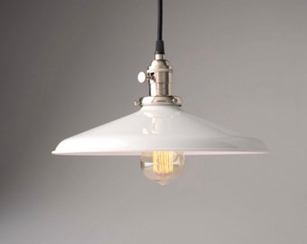 Pendant Light Fixture White 14" Metal Porcelain Enamel Vintage Industrial Light Fixture