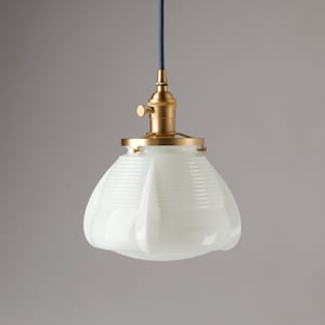 Vintage White Glass - Mid century modern - pendant lighting - hand blown glass - ceiling fixture - brass light - made in the USA