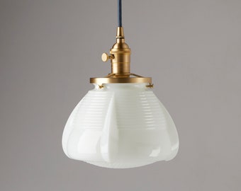 Vintage White Glass - Mid century modern - pendant lighting - hand blown glass - ceiling fixture - brass light - made in the USA