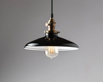 Pendant Light Fixture Black Porcelain Enamel Metal 10"  Shade