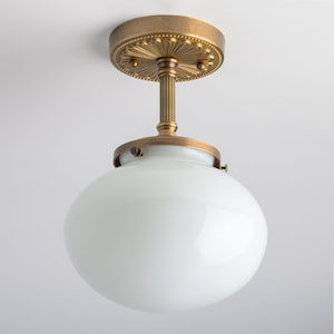 White Glass fixture - Semi Flush Lighting - Heavy Gauge Brass Ceiling Light Fixture - Rounded Glass Shade - Historic Design