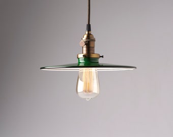 Industrial Pendant Light Fixture with Green Flat Metal Shade