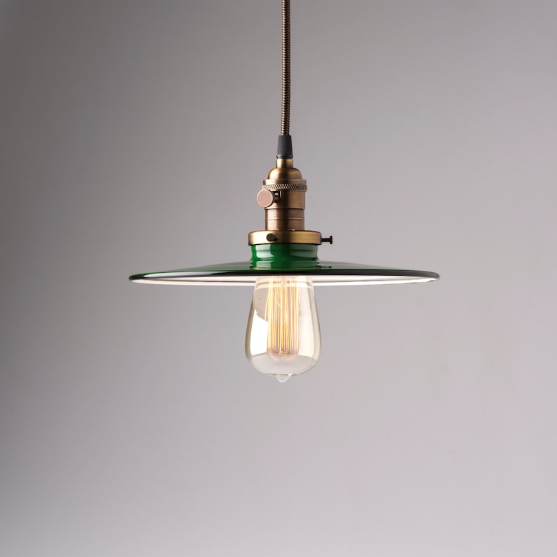 Industrial Pendant Light Fixture with Green Flat Metal Shade image 1