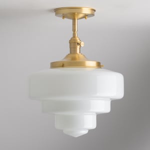 12" Layered Art Deco Style White Glass Schoolhouse Flush Mount/Semi-Flush Mount Light Fixture  **handblown glass, made in america**