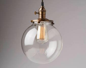 Clear Glass Globe Pendant Light Fixture with 8" Shade Hand Blown Glass