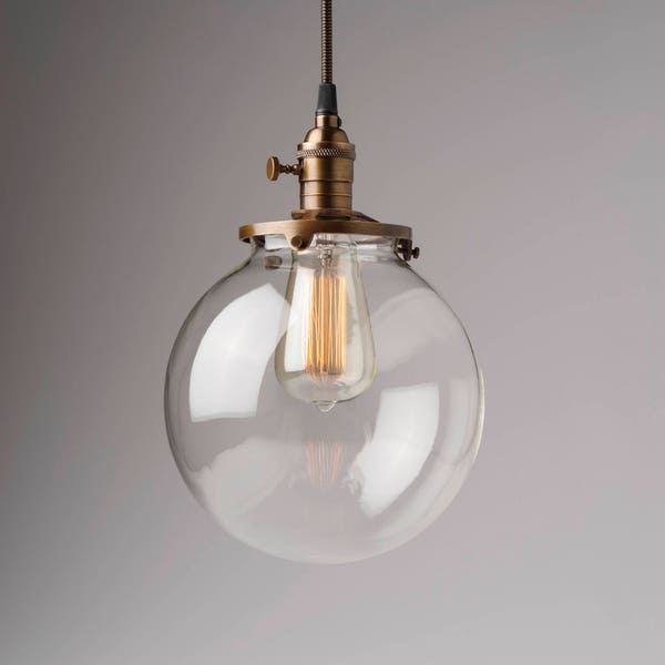 Clear Glass Globe Pendant Light Fixture with 8" Shade Hand Blown Glass