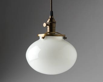 Rounded Milk/White Glass Pendant Light Fixture 8" Glass Globe - handblown glass made in America