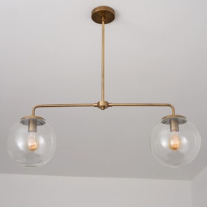 Mid Century Modern Chandelier - Clear Globe Lighting - Hand Blown Glass Shades - Brass Lighting