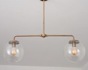 Mid Century Modern Chandelier - Clear Globe Lighting - Hand Blown Glass Shades - Brass Lighting