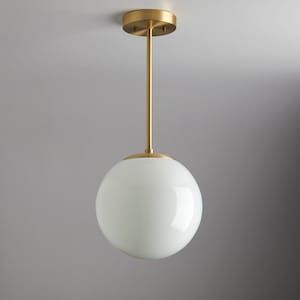 12 Large Modern White Glass Mid century pendant lighting hand blown glass ceiling fixture brass light white glass image 1