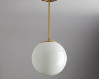 12" Large Modern White Glass - Mid century - pendant lighting - hand blown glass - ceiling fixture - brass light - white glass