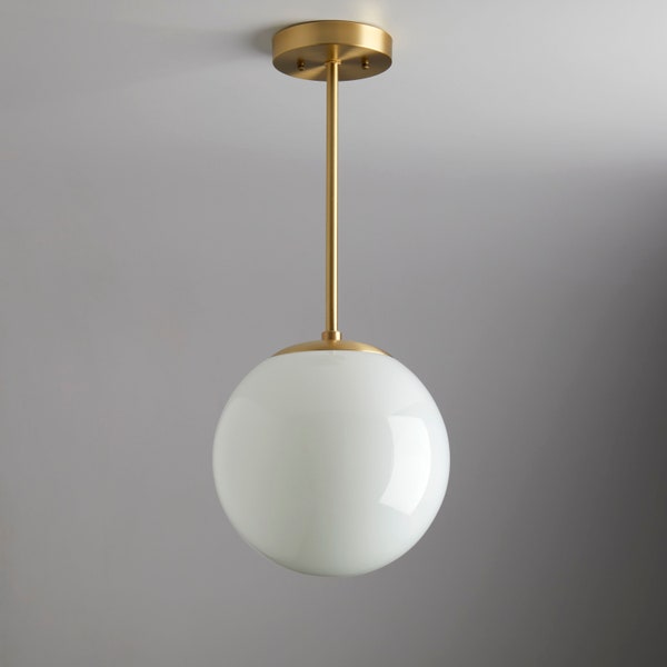 Modern White Glass - Mid century - pendant lighting - hand blown glass - ceiling fixture - brass light - white glass