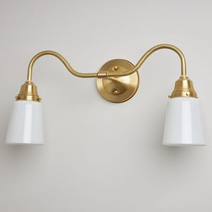Double Wall Sconce - 2 Shade Gooseneck Light Fixture - Opal/Milk Cup Style Handblown Glass - Vanity Lighting - Industrial Sconce