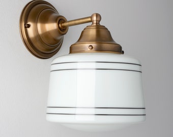 Classic Style Wall Sconce - SchoolHouse Lighting - White Glass Drum Fixture - Hand Painted Stripes - Brass Lighting