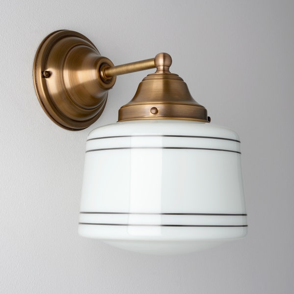 Classic Style Wall Sconce - SchoolHouse Lighting - White Glass Drum Fixture - Hand Painted Stripes - Brass Lighting