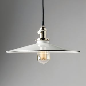 14&quot; White Pendant light fixture Flat Metal Porcelain Enamel Vintage Industrial Fixture
