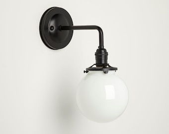 Farmhouse Wall Sconce - Matte Black - Wall Sconce Lighting -  6" White Glass Globe - Handblown Glass - Made in the USA -