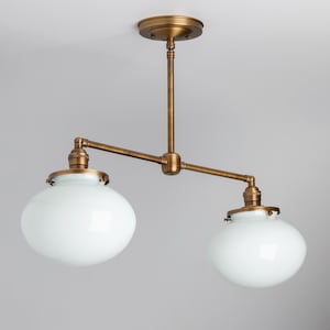 2 Light Pendant Chandelier with 8&quot; Rounded White Schoolhouse Shades  **USA handblown glass**