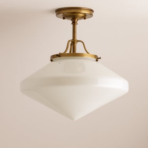 Art Deco - Modern 14" Schoolhouse Large White/Milk Glass Shade Flush Mount  - Multi Bulb Lighting - Brass Fixture