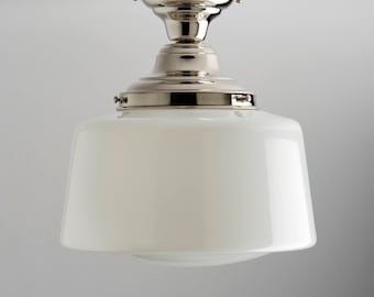 Mid Century Modern - Ceiling Light Fixture - Drum Shade - Opal White Schoolhouse Glass - Handblown Glass  - Farmhouse Lighting