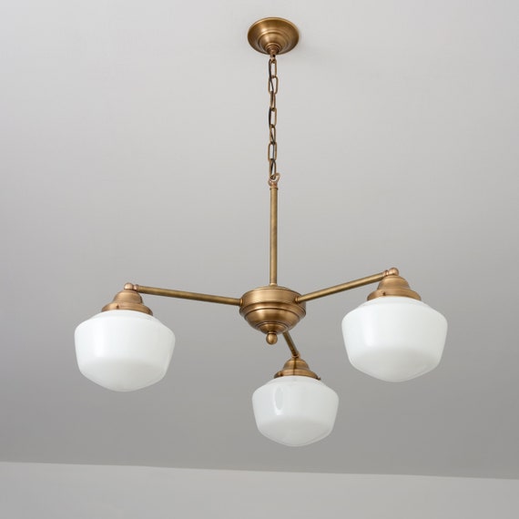 Historic Style Chandelier White Schoolhouse Shades Brass Lighting