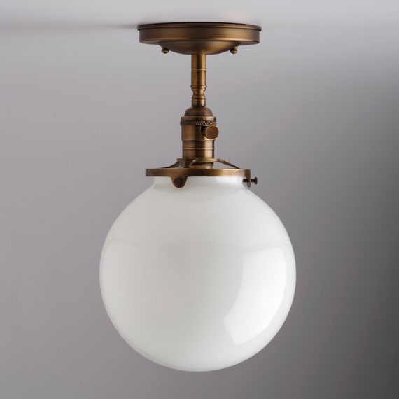 8 White Glass Globe Semi Flush Stem Mount Light Fixture Image 0