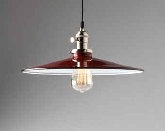 Pendant Light Fixture 14" Flat Metal Porcelain Enamel Red Vintage Industrial