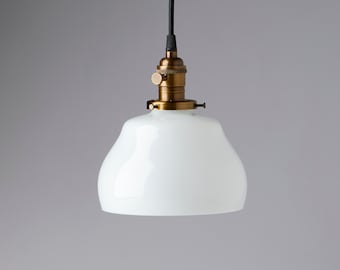 Gourd Style Schoolhouse  Milk/White Glass Pendant Light Fixture-- handblown glass made in America