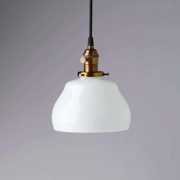 Gourd Style Schoolhouse  Milk/White Glass Pendant Light Fixture-- handblown glass made in America