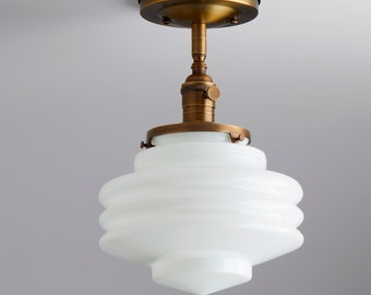 Art Deco - Modern Handblown White Glass Semi Flush Light Fixture