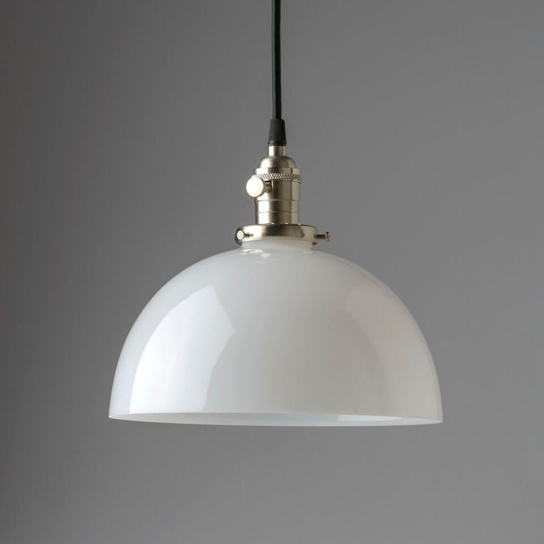 10 White Milk Glass Dome Pendant Light Fixture Clear Handblown