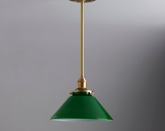 Mid century modern - pendant lighting - hand blown glass - ceiling fixture - brass light - 10" green glass ceiling light