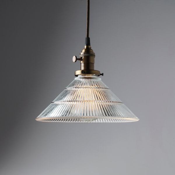 Ribbed Glass Cone Shade - Pendant Lighting - Kitchen Light Fixture - Clear Glass