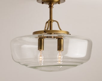 Large 14" Clear Schoolhouse - Glass Shade Semi Flush Mount  - Multi Bulb Lighting - Brass Fixture