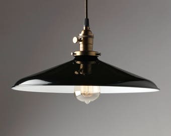 Pendant Light Fixture Black 14"  Metal Porcelain Enamel Vintage Industrial Light Fixture