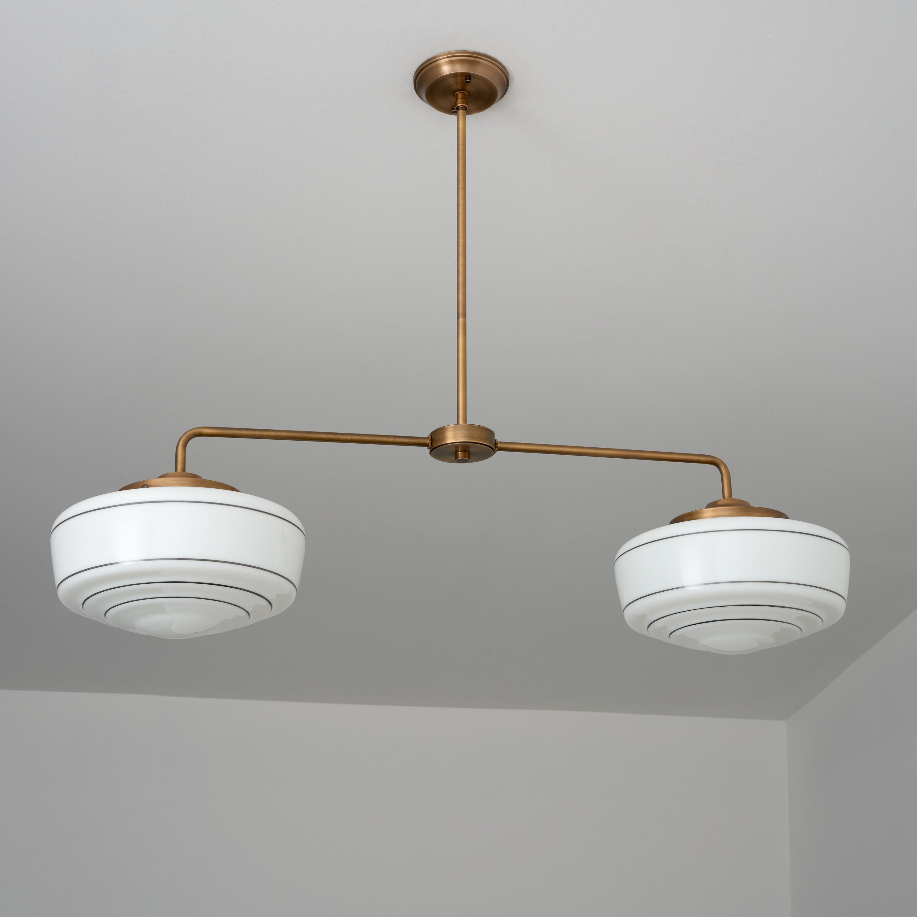 12" Schoolhouse Large White - Hand Painted Stripes -- 2 Light Pendant Chandelier **USA handblown glass **