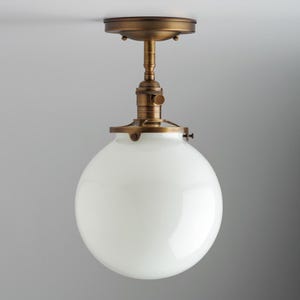 8" White Glass Globe Semi Flush Stem Mount Light Fixture  **USA handblown glass**