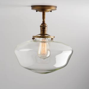 Large Clear 12" Schoolhouse Shade Flush Mount or Semi Flush Mount Fixture  U.S. hand blown glass