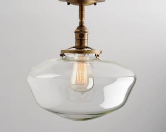 Large Clear 12" Schoolhouse Shade Flush Mount or Semi Flush Mount Fixture  U.S. hand blown glass