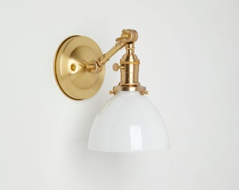 Articulating light - Wall Sconce - Natural Brass Fixture - White Glass Lighting