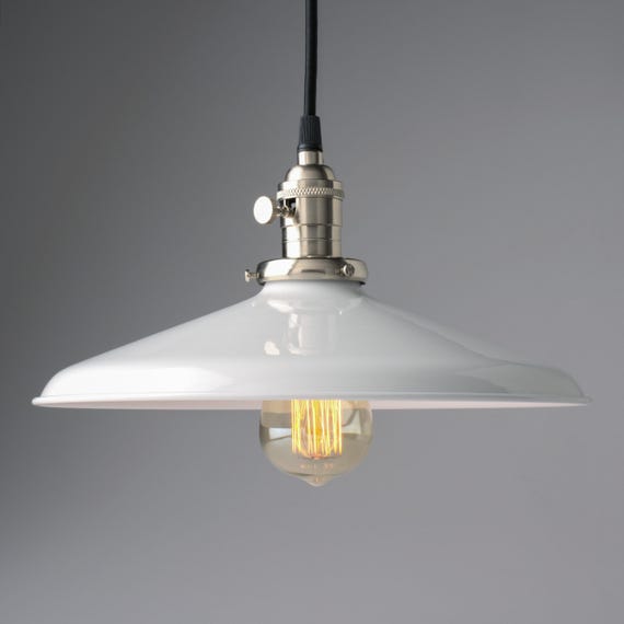 Pendant Light Fixture White 14" Metal Porcelain Enamel Vintage Industrial Light Fixture