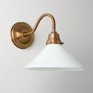 Gooseneck Wall Sconce - White Glass Cone Shade - Task Lighting - Brass Wall Lamp