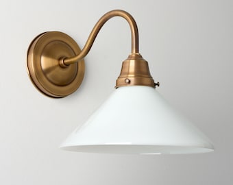 Gooseneck Wall Sconce - White Glass Cone Shade - Task Lighting - Brass Wall Lamp