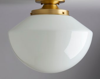 14" Tapered White Schoolhouse -  Light Fixture - Flush Mount - Handblown Glass - Made in the USA - Mid Centruy Modern