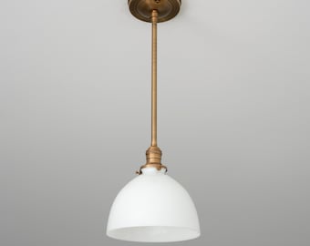 8" Milk Glass Dome -- Down Rod Pendant Light Fixture -- **Handblown Glass - Made in America**