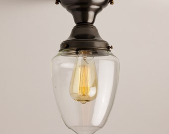 Semi Flush Fixture - Clear Mid-Century Modern Shade - Semi Flush Mount Fixture Schoolhouse Style  **U.S. hand-blown glass**